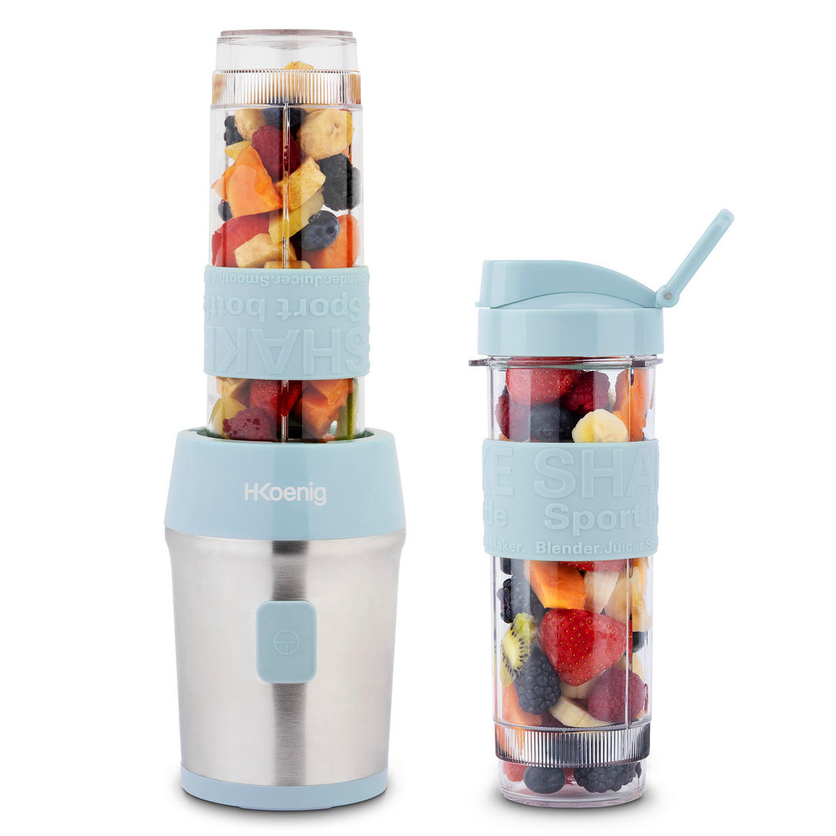 SMOOTHIE Maker SMOO16 Blau, 570ml, BPA-frei, 2 tragbare Flaschen, Edelstahlklingen, 300W - Hellblau, Metall (11.3/35/15cm) - HKoenig