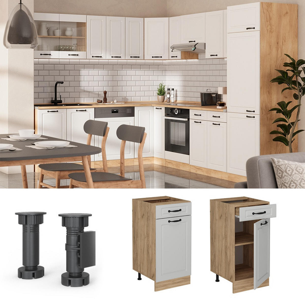 KÜCHENUNTERSCHRANK R-Line Weiß Landhaus 40 cm ohne Arbeitsplatte - Honigeiche/Weiß, Holzwerkstoff (40/81.6/46cm) - Vicco