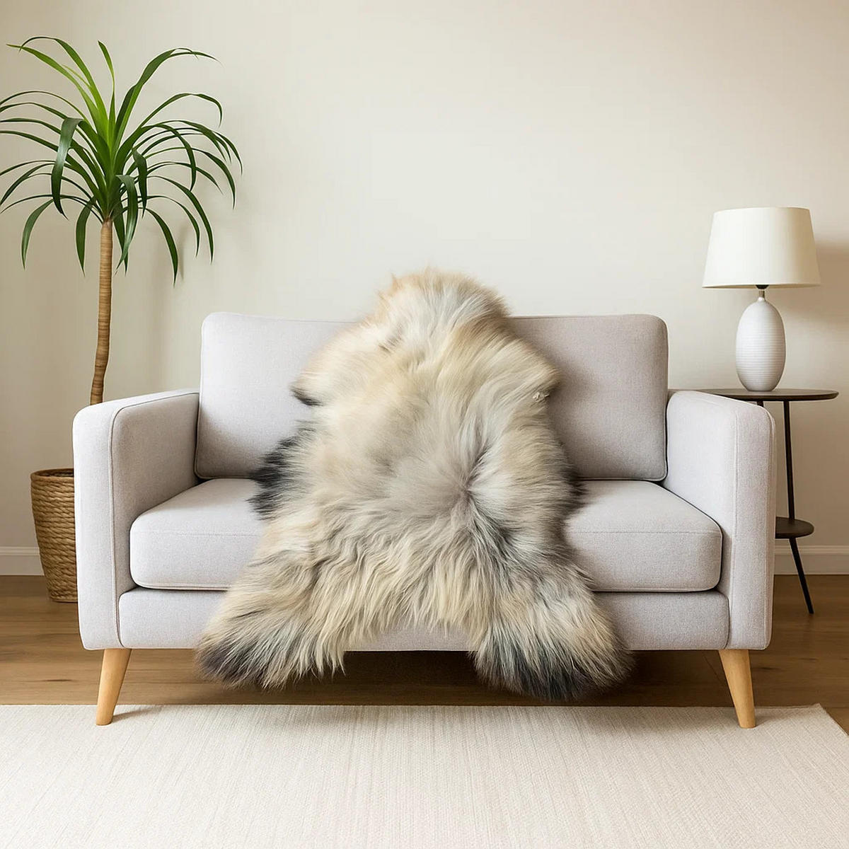 SCHAFFELL Ganzes Island Lammfell Langhaarig Cremeweiß/Schwarze Spitzen, ca. 120 cm - Creme/Schwarz, Fell (70/120cm) - Provellus