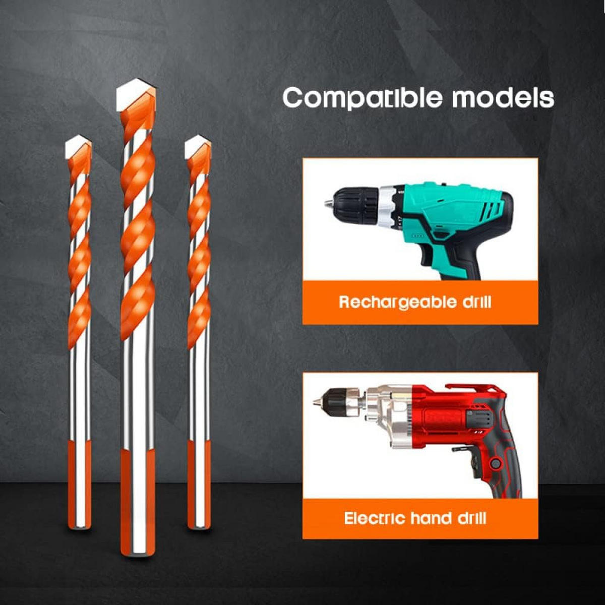 BOHRER - 5-teiliges Set (6/6/8/10/12 mm) - geeignet für Beton, Glas und andere Materialien. - Orange, Metall (1.2/1.2/12.1cm) - DCA