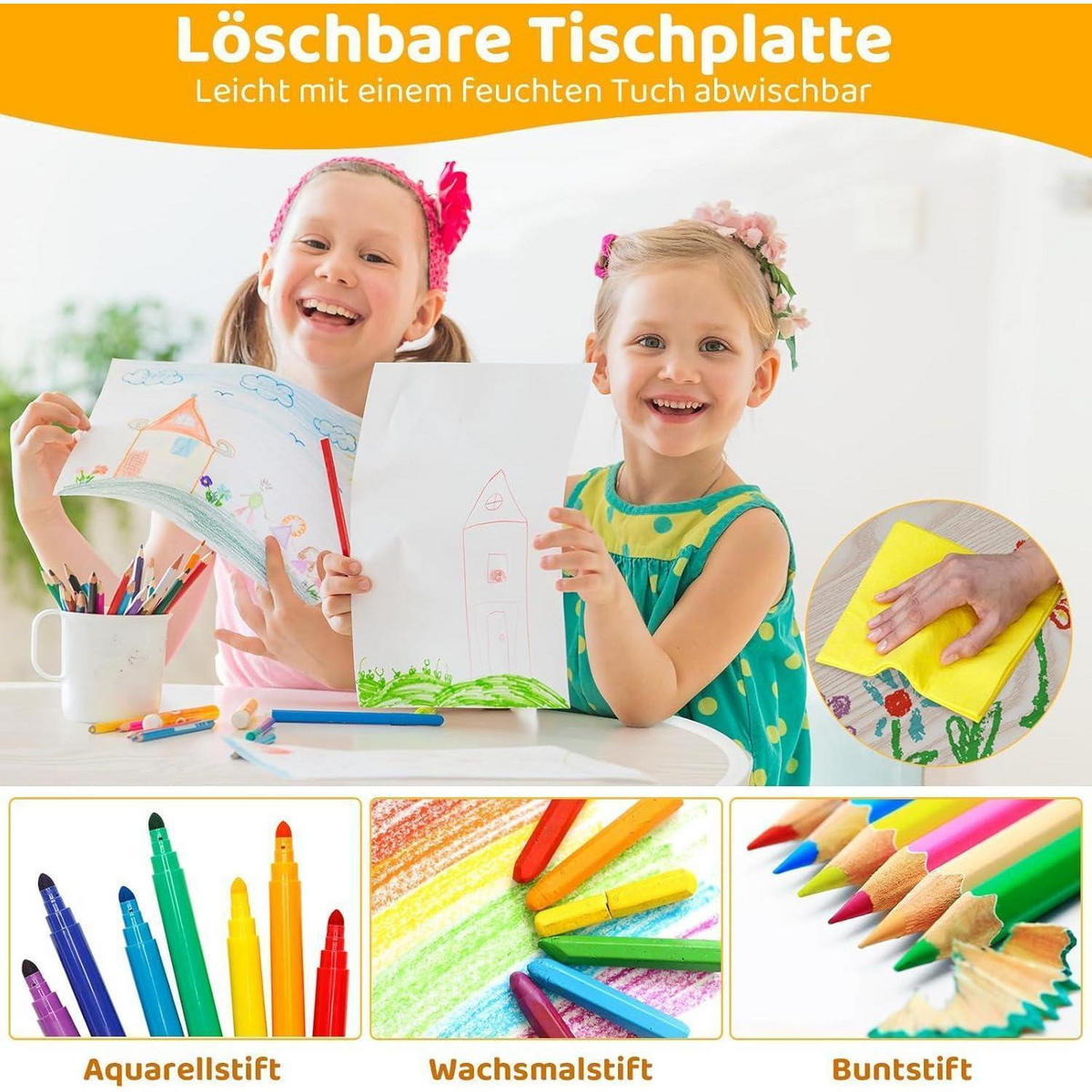 KINDERTISCH mit 2 Stühlen 3-teiliges Set höhenverstellbar Gelb - Multicolor, Kunststoff (60/60/80cm)