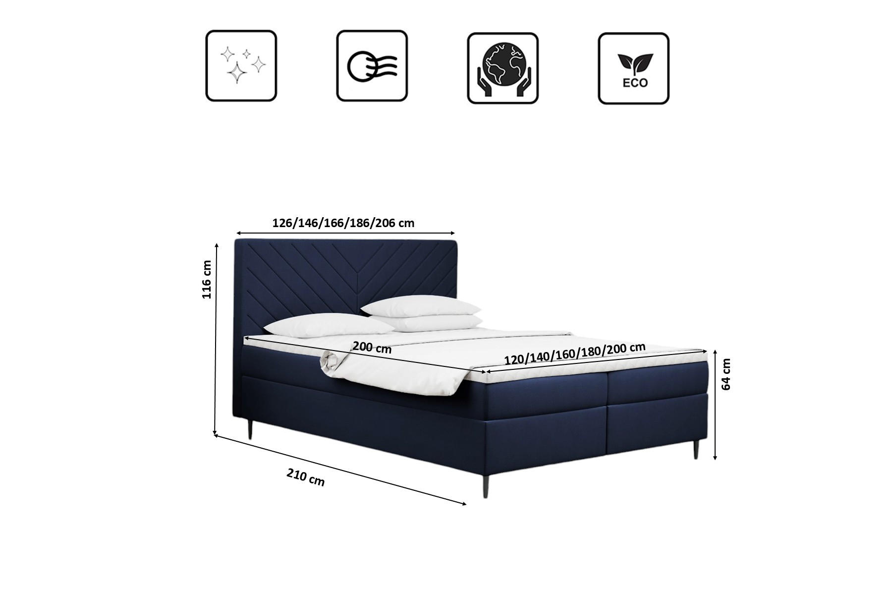 Thumbnail - Kaiser Möbel Boxbett, Dunkelblau, Textil, H2, Höhe ca. 20 cm, einzeln stellbar,Rechteckig, eckig, 200x200 cm, Schlafzimm...