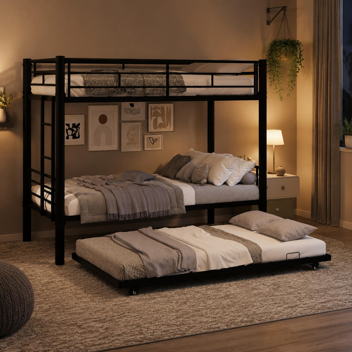 ETAGENBETT 90/190 mit drei Schlafebenen, Sicherheitsgeländern und geräuscharmem Design - Schwarz, Holzwerkstoff (90/190cm) - EVRYAE