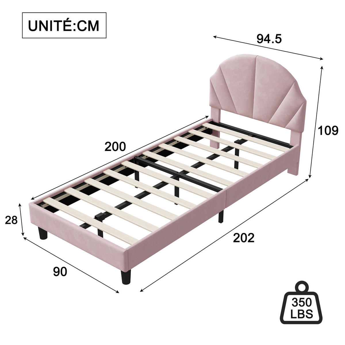 POLSTERBETT 90x200 cm verstellbares Kopfteil Lattenrost Samt rosa - Rosa, Holz (90/200cm) - LEBENLANG