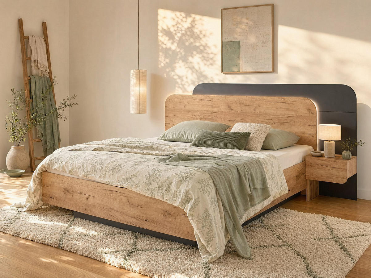 BETT mit Bettkasten - 2 Personen - holz - anthrazitgrau, naturfarben hell Desado - Anthrazit/Naturfarben, Holz (160/200cm) - Vente-Unique