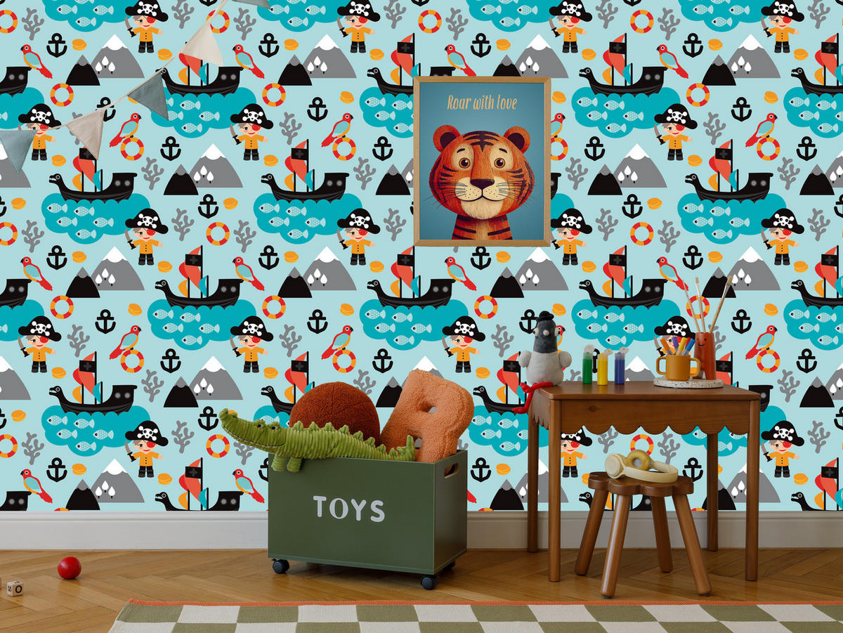 VLIESTAPETE Piraten, Schiffe und Meer – Türkis, Bunt – 50x1000 cm - Türkis/Multicolor, Papier (50/1000cm) - Muralo