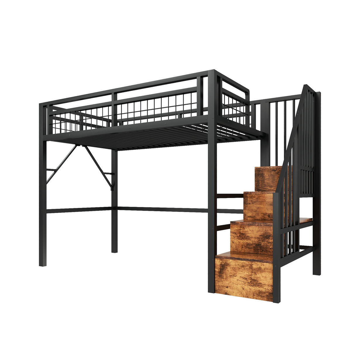 HOCHBETT mit LED und Stauraumtreppe 90x200 cm Metall Schwarz - Schwarz, Metall (90/200cm) - Meubliv
