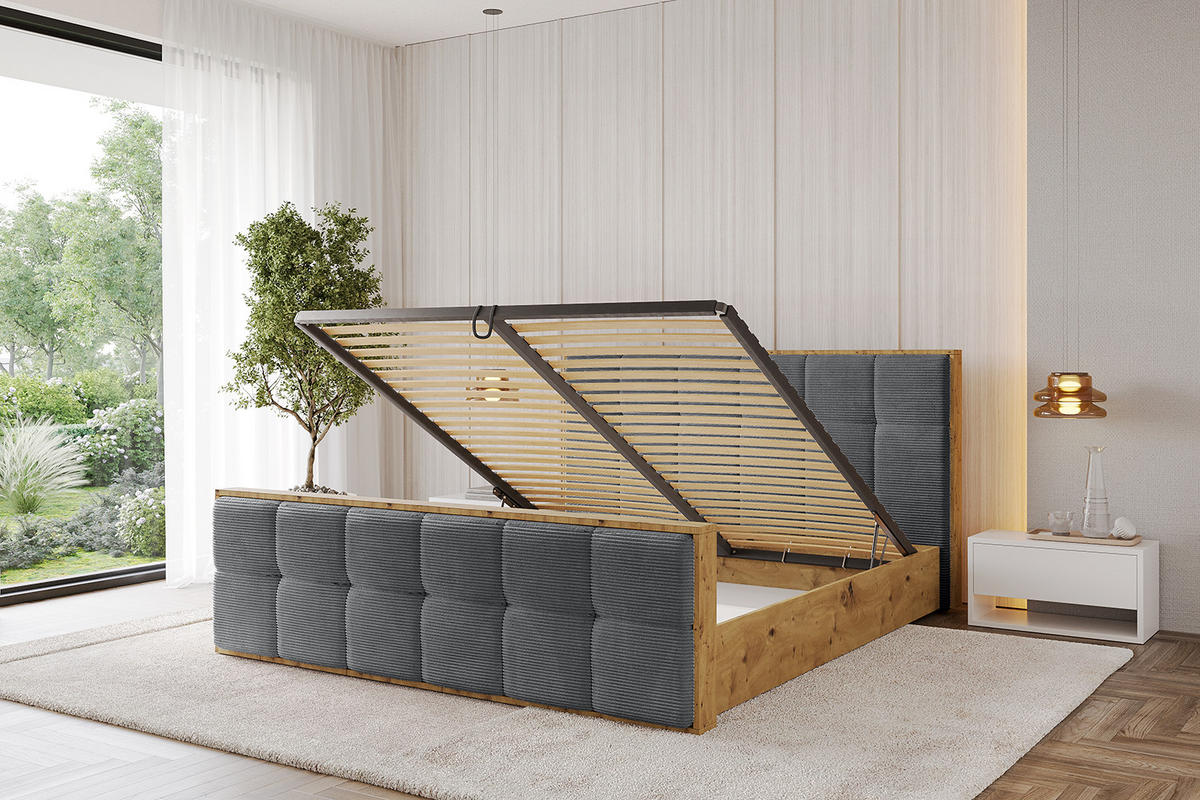 POLSTERBETT mit Bettkasten, Fußteil und Lattenrost, Boxbett ohne Matratze - ENZO7-Z 140x200 Dunkelgrau - Anthrazit, Holzwerkstoff/Textil (140/200cm) - ALTDECOR