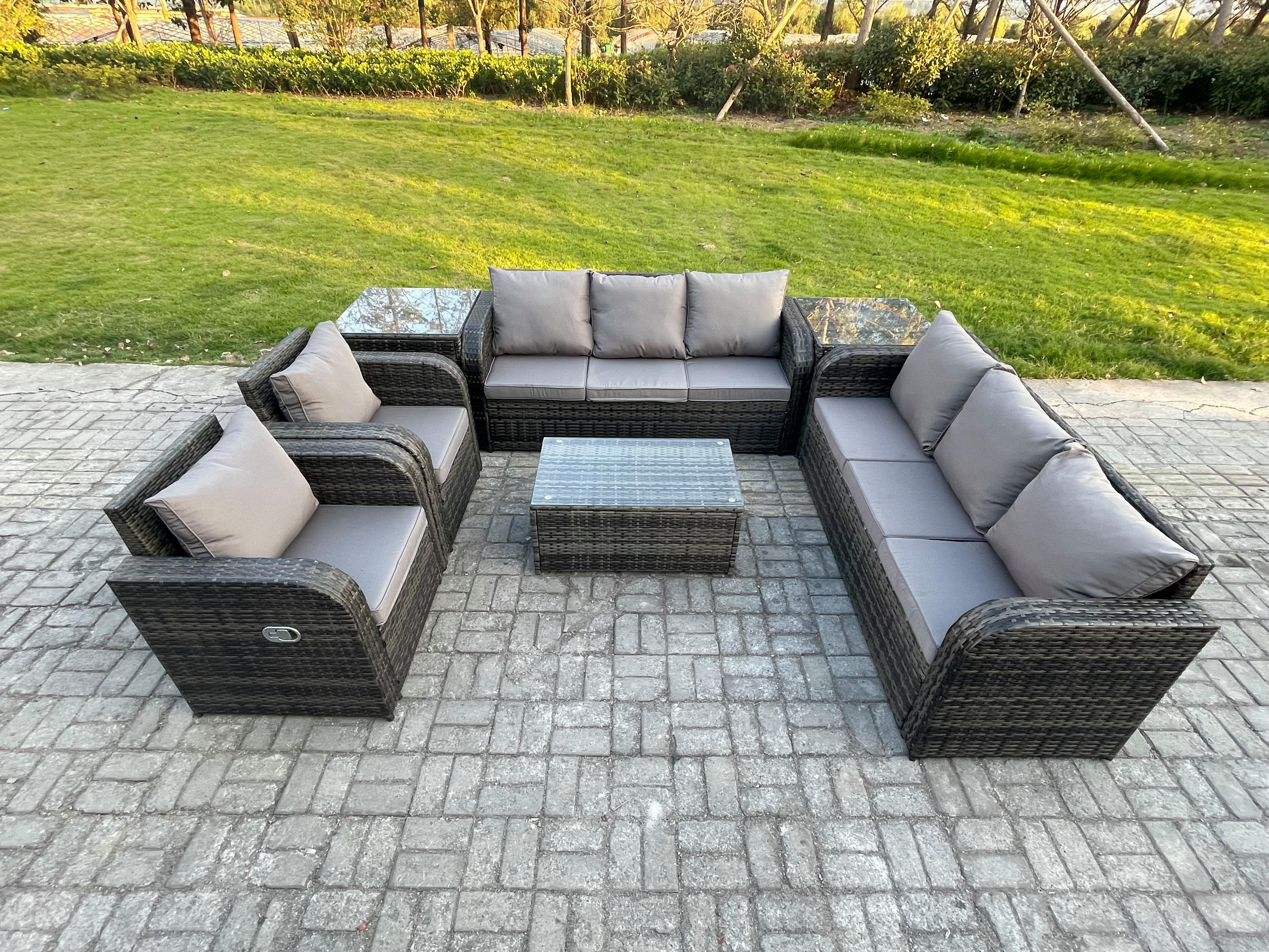 GARTENMÖBEL-SET mit Kissen Polyrattan Dunkelgrau 8-Sitzer - Dunkelgrau/Grau, Glas/Kunststoff - Fimous