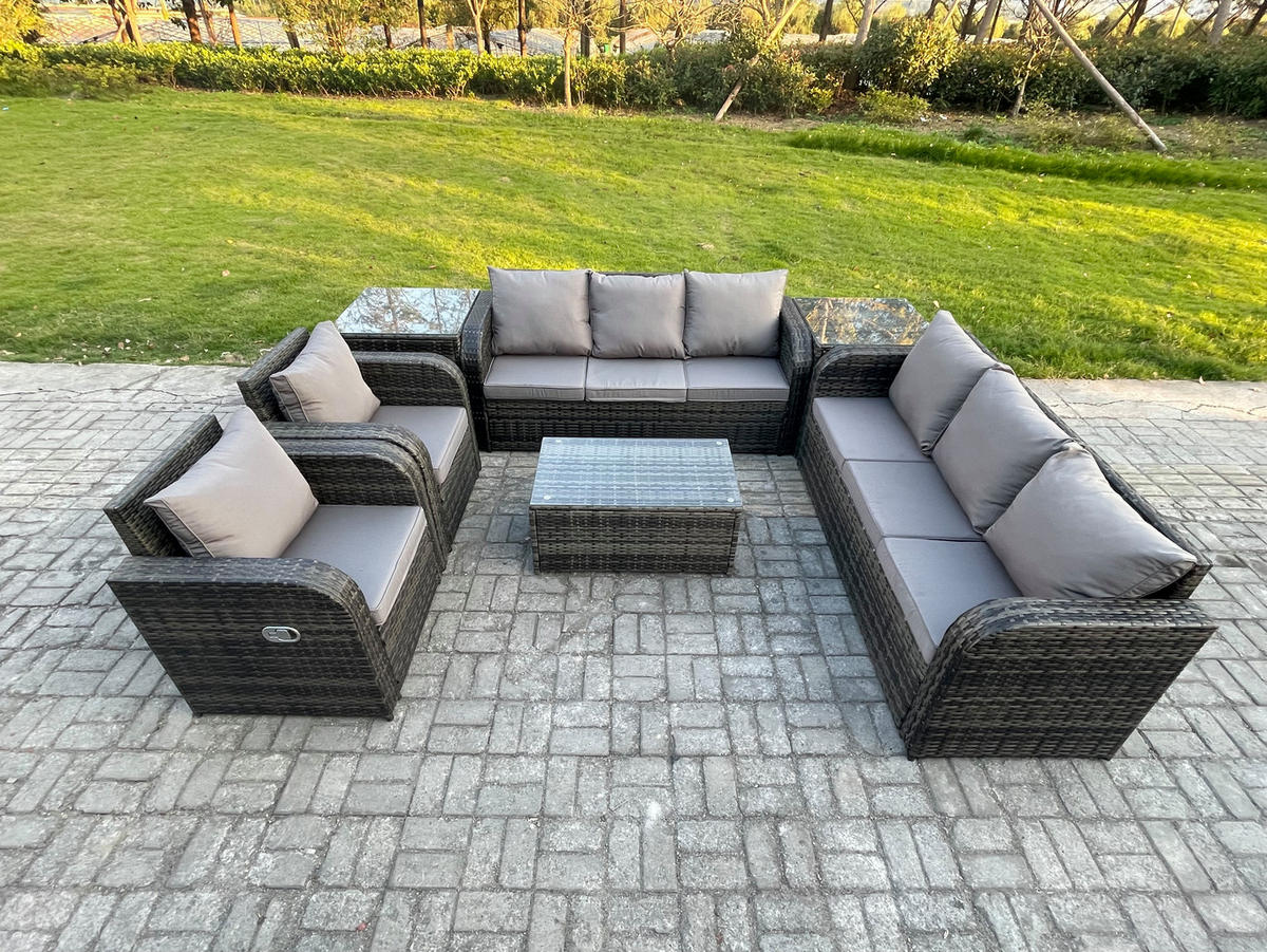 GARTENMÖBEL-SET mit Kissen Polyrattan Dunkelgrau 8-Sitzer - Dunkelgrau/Grau, Glas/Kunststoff - Fimous