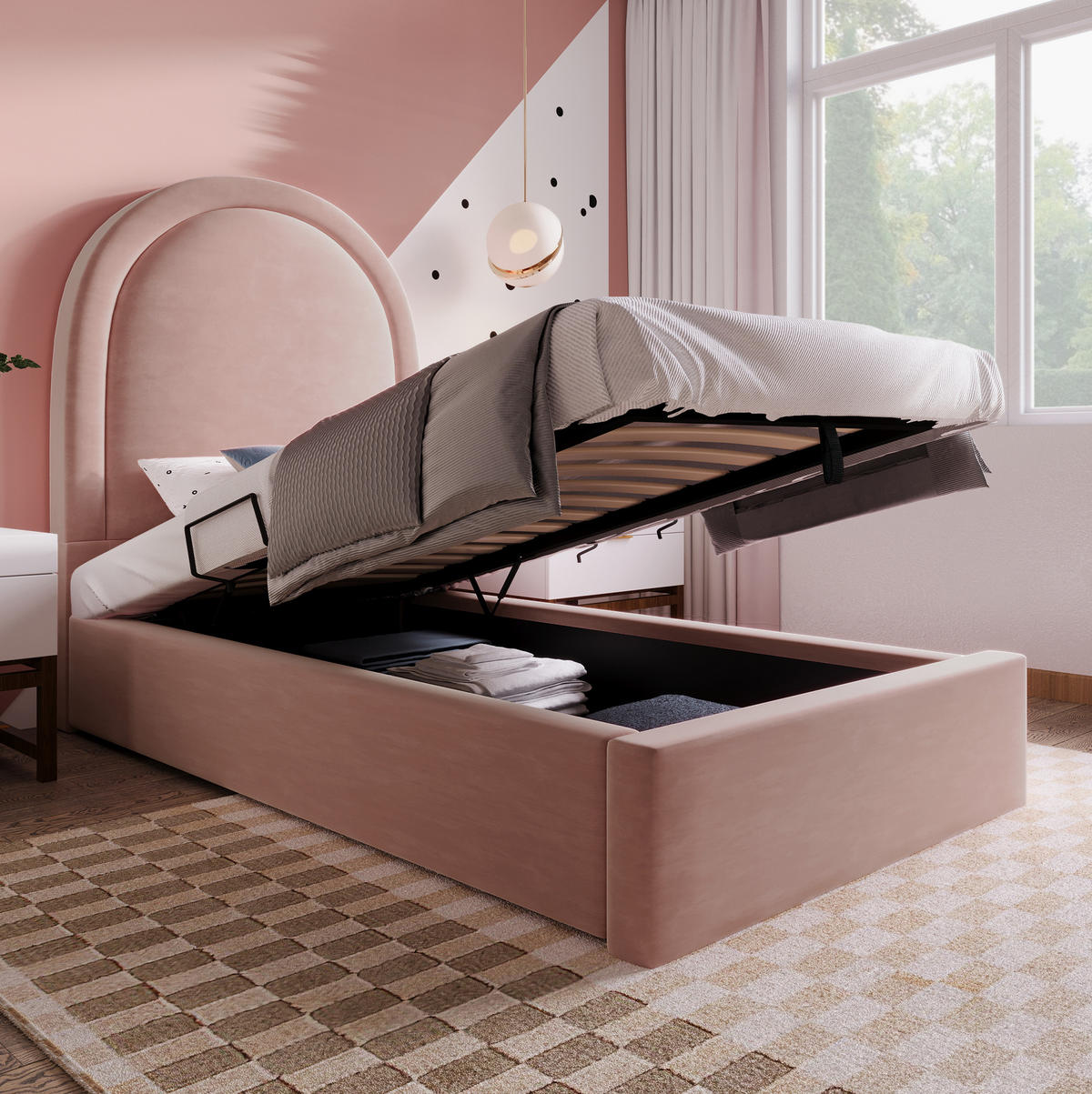 SAMT-POLSTERBETT 90/200 cm Rosa mit Bettkasten und gepolstertem Kopfteil - Rosa, Textil (90/200cm) - BEAOK