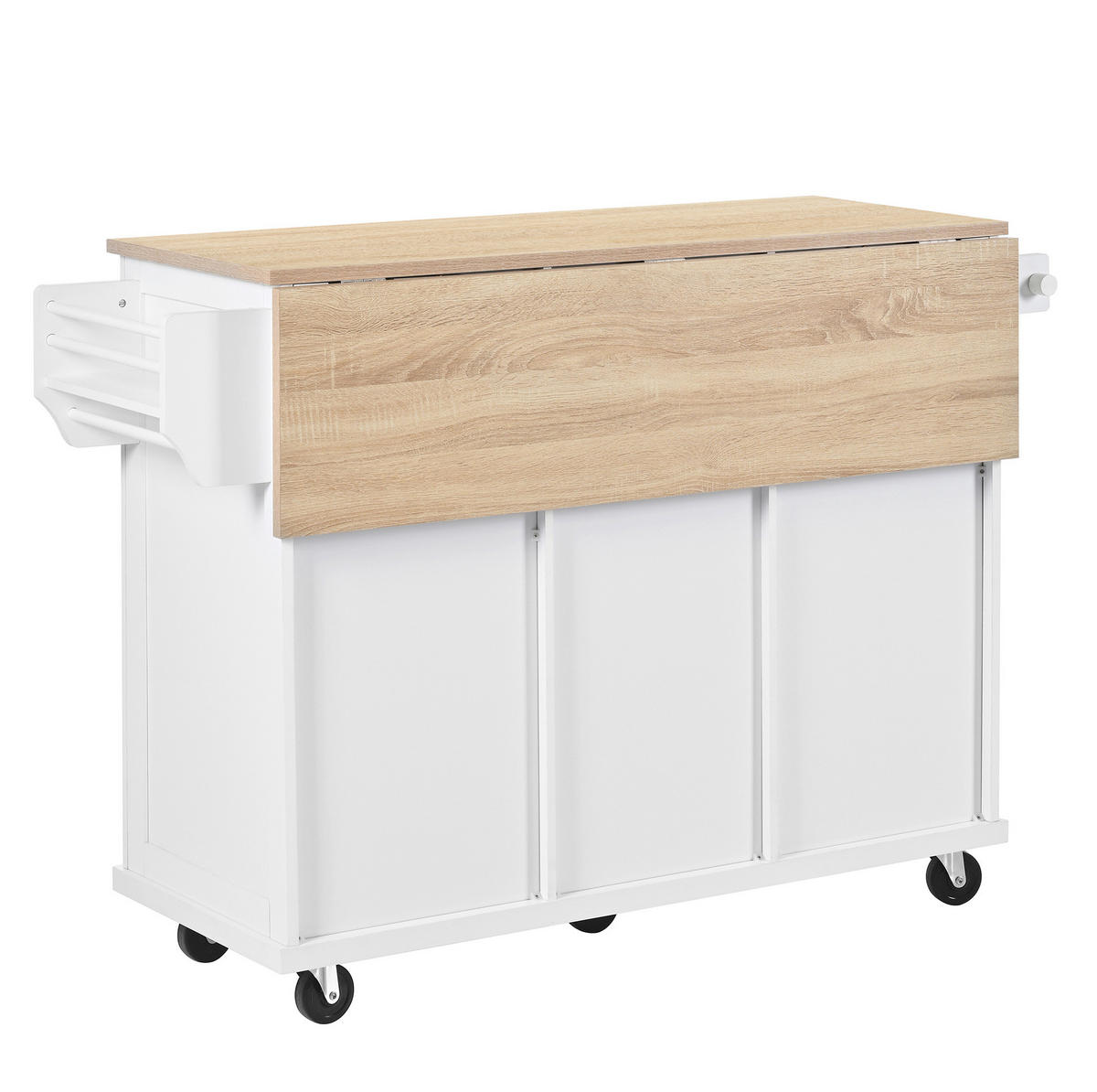 KÜCHENINSEL 112/46,2-76,2/92,7 cm aus MDF mit ausziehbarer Arbeitsplatte, Abfallfach und Rollen, Weiß/Natur - Weiß, Holzwerkstoff (112/92.7/76.2cm) - Redom