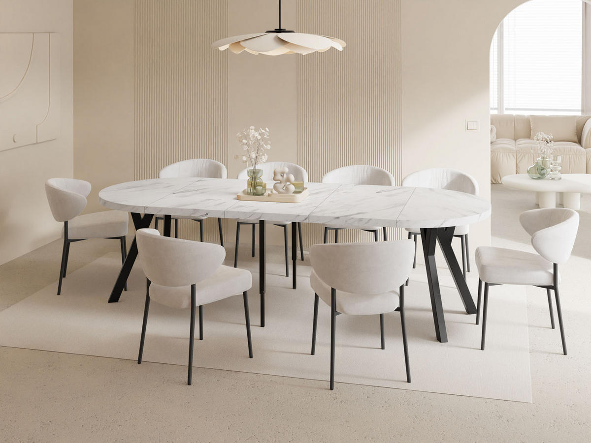 ESSTISCH Twixy XXL groß rund oval ausziehbar, Marmor Weiß 100-250/100/76 cm - Ecru/Schwarz, Holz/Holzwerkstoff (100/100/76cm) - WFL GROUP