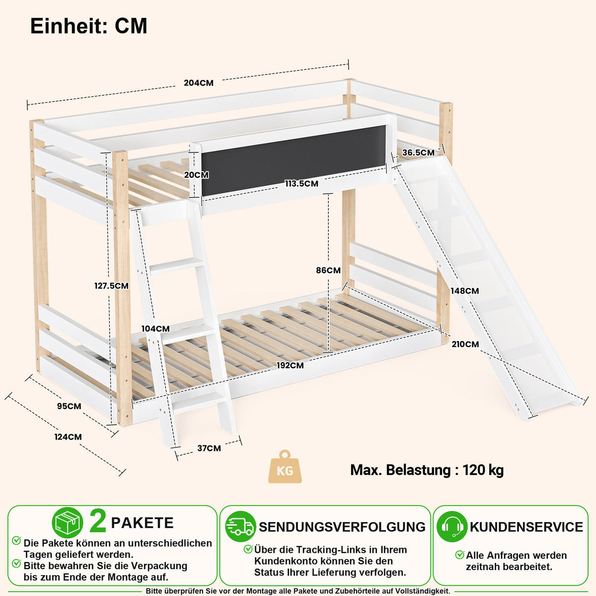 ETAGENBETT 90/200 cm & 90/190 cm in Weiß mit Rutsche, Treppe und Tafel Holz - Weiß, Holz/Holzwerkstoff (90/200cm) - CHICFURN