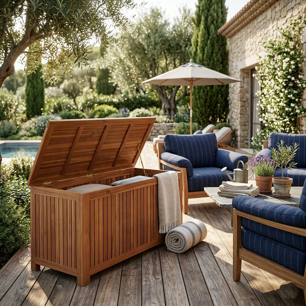 AUFLAGENBOX Ellesmere - 117x50x58,5cm, Akazie geölt - Braun, Holz (117/50/58.5cm) - TPFGarden