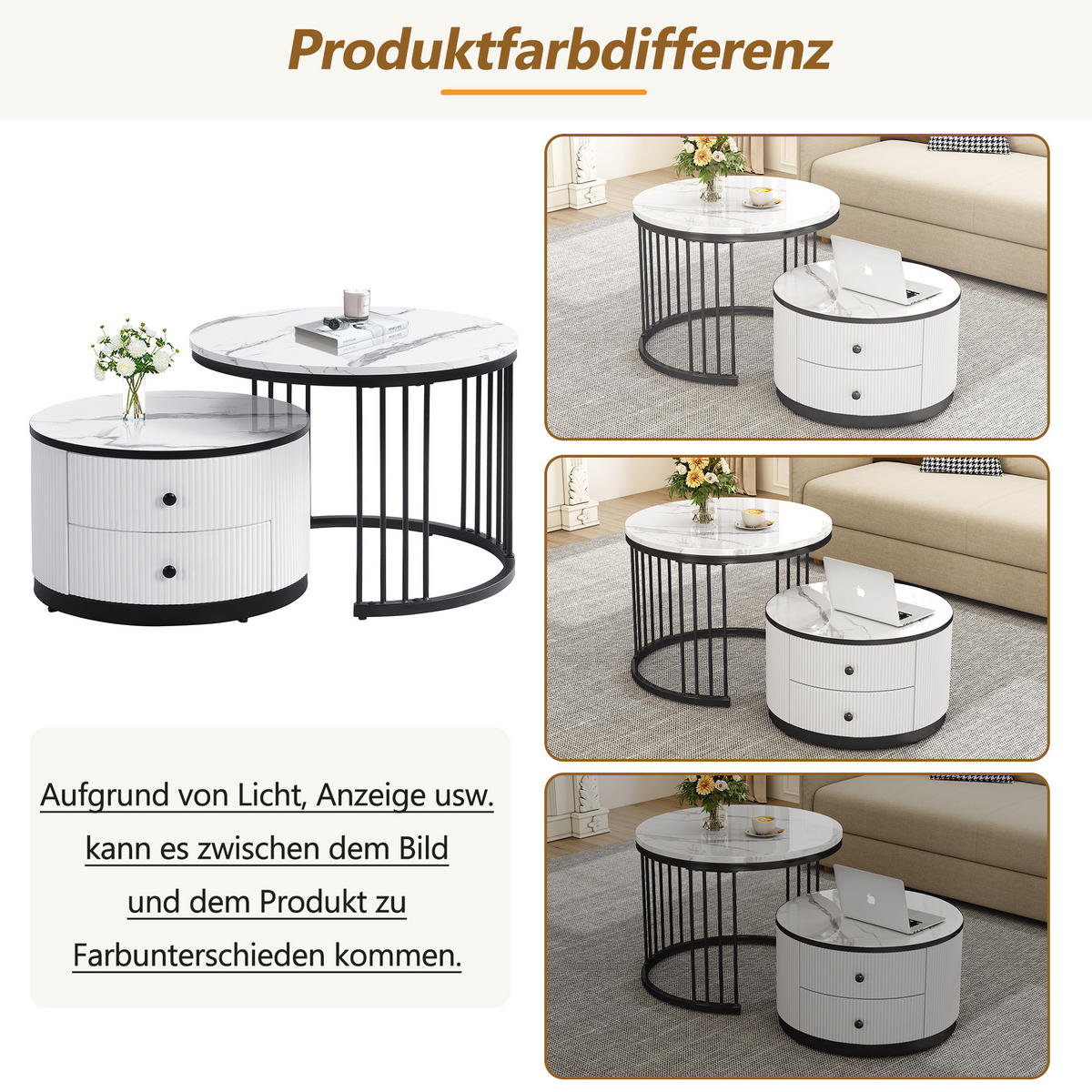 COUCHTISCH-SET mit Marmoroptik und Schubladen 60 × 60 × 45,5 cm & 50 × 50 × 32 cm - Weiß, Holzwerkstoff (60/60/45.5cm) - Luhomfu