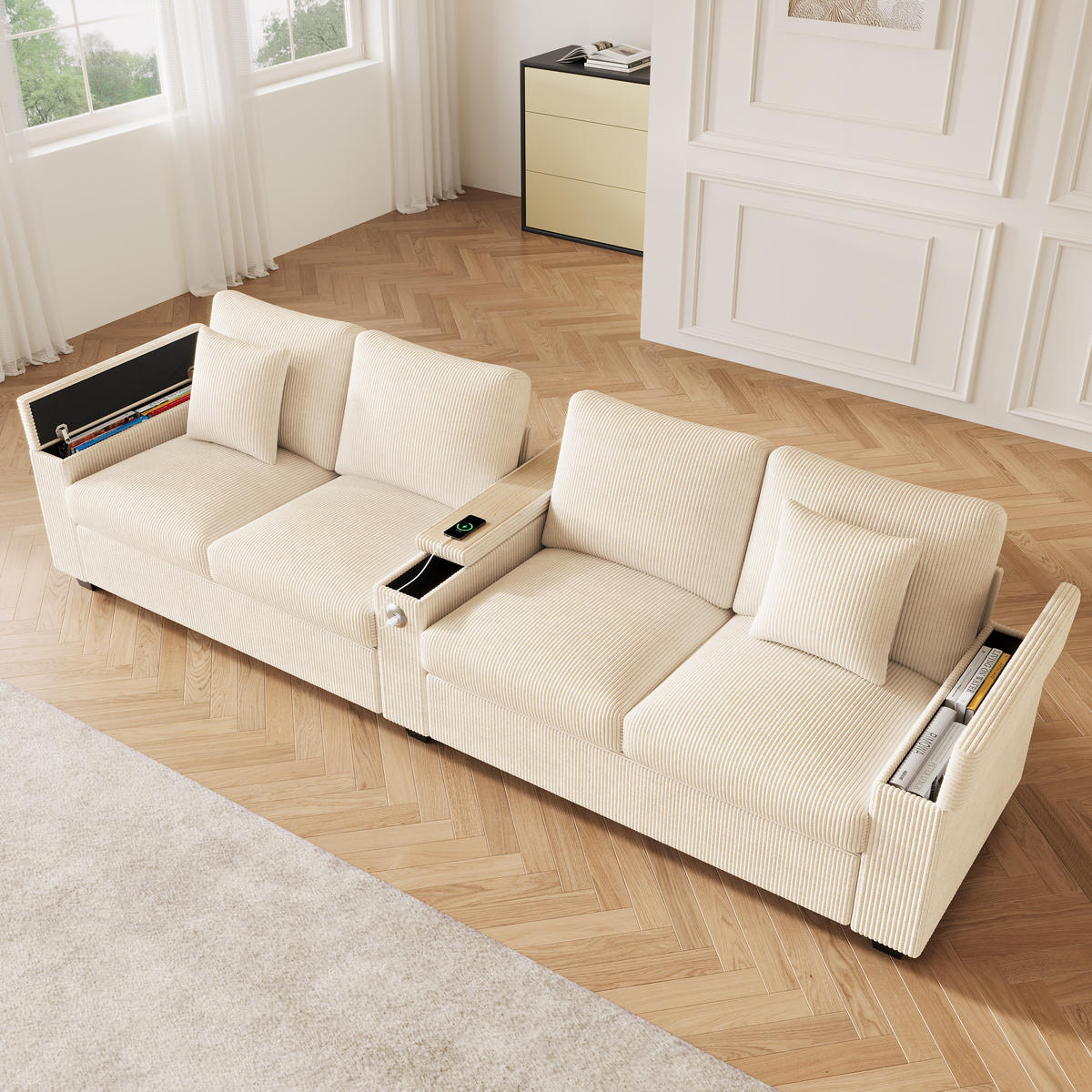 4-SITZER SOFA Cord Beige mit USB, USB-C und Stauraum - Beige, Holzwerkstoff/Kunststoff (299/82.7/80cm) - WISHDOR