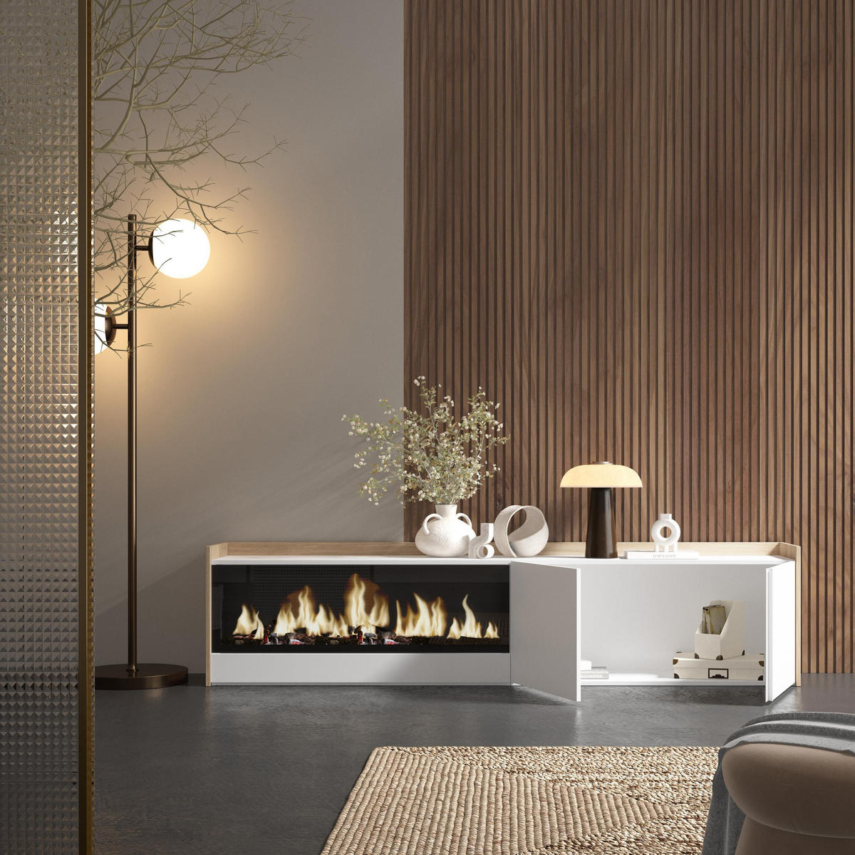 LOWBOARD, Weiß und Eiche, 212/35/50cm, Kamin mit Feuereffekt XXL - Weiß, Holzwerkstoff (212/50/35cm) - Skraut Home