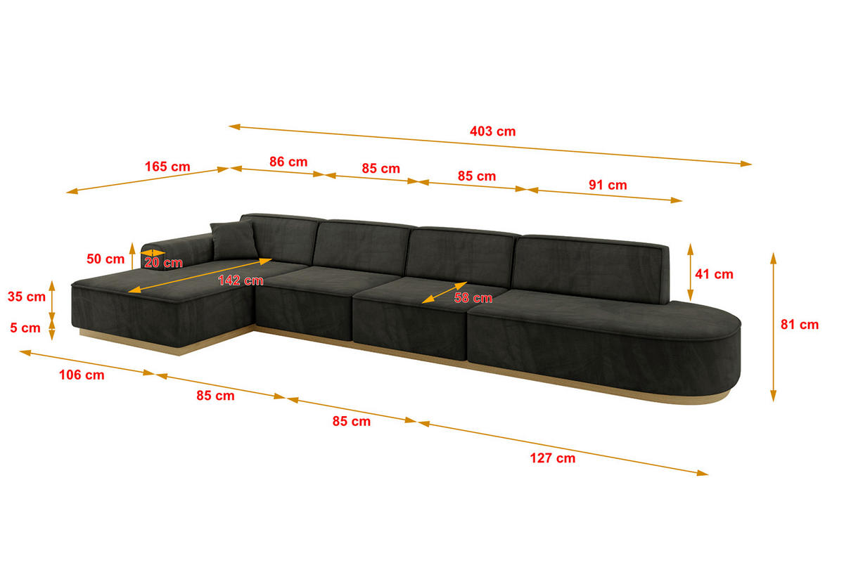 ECKSOFA Ottomane Links IREA-L3-v2 - 403x165x81 cm Schwarz - Schwarz, Holzwerkstoff/Textil (403/165cm) - ALTDECOR