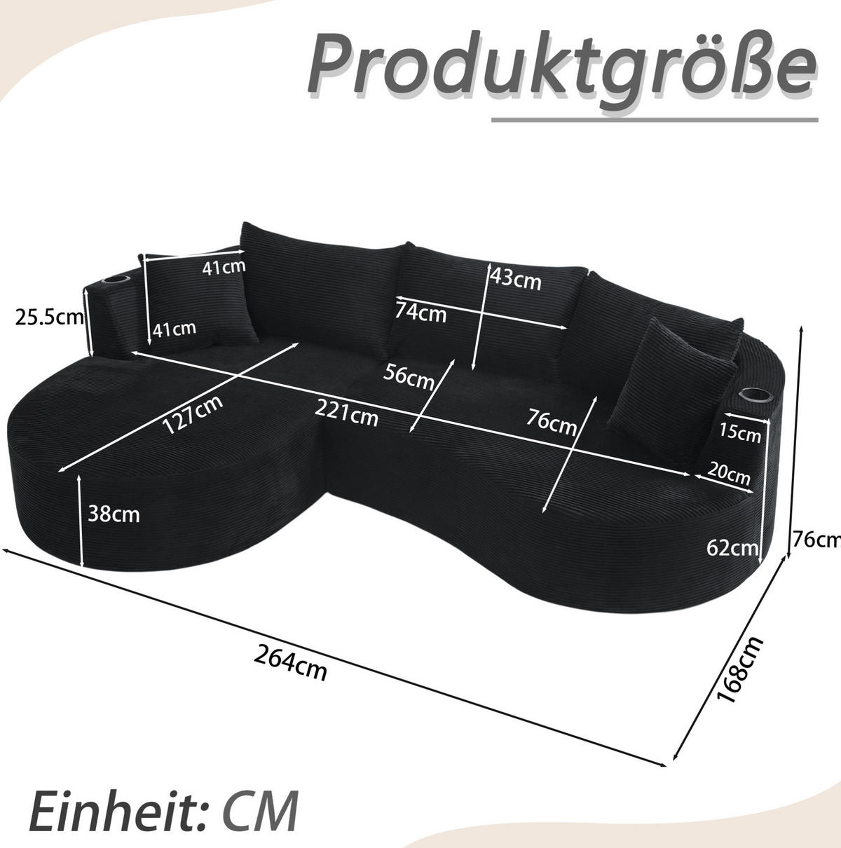 SOFA 3-Sitzer bogenförmig Schwarz mit Getränkehaltern - Schwarz, Textil (168/264cm) - Meubliv