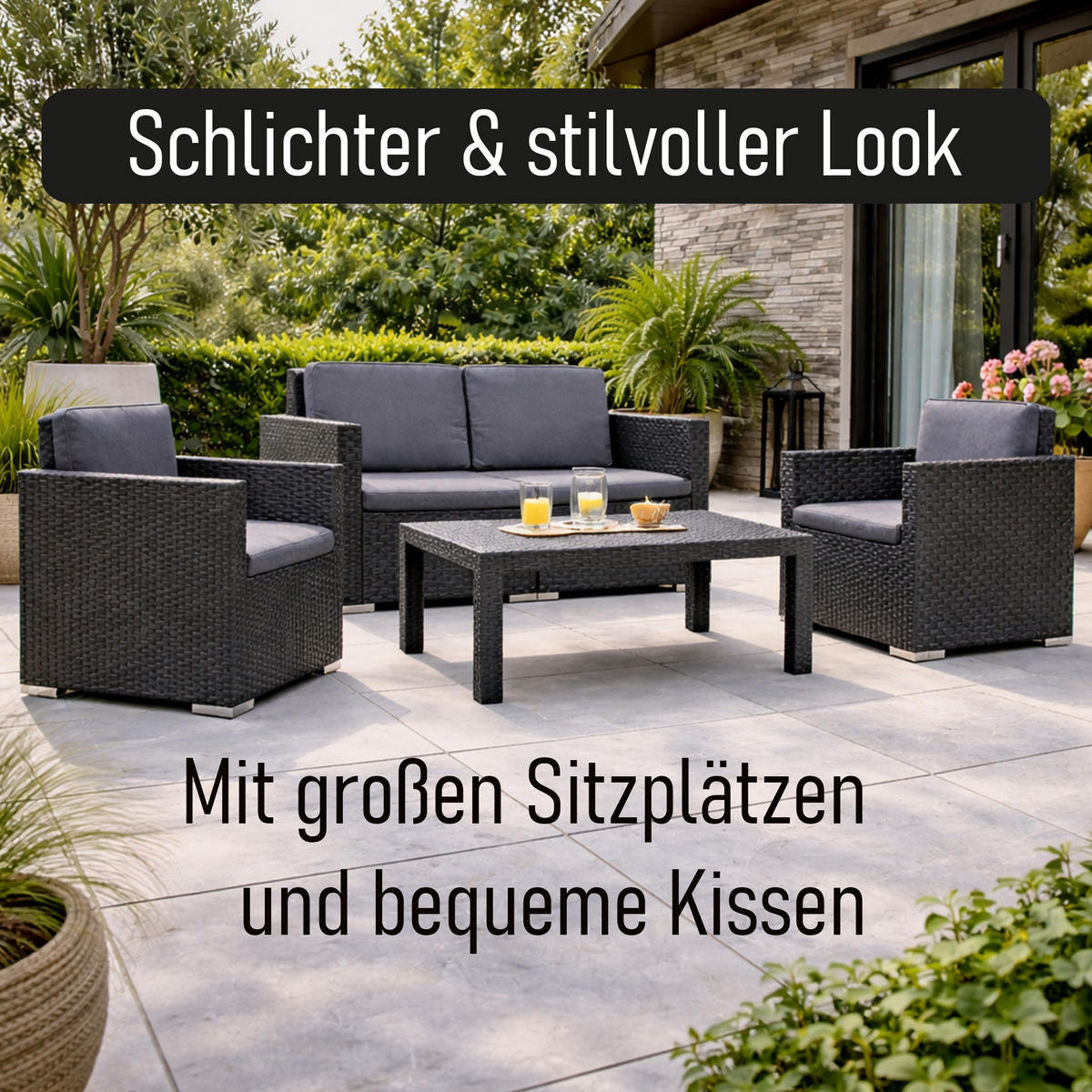 GARTENMÖBEL Lounge Set Rattan Optik - 4tlg. - Anthrazit/Grau, Kunststoff - Bestlivings
