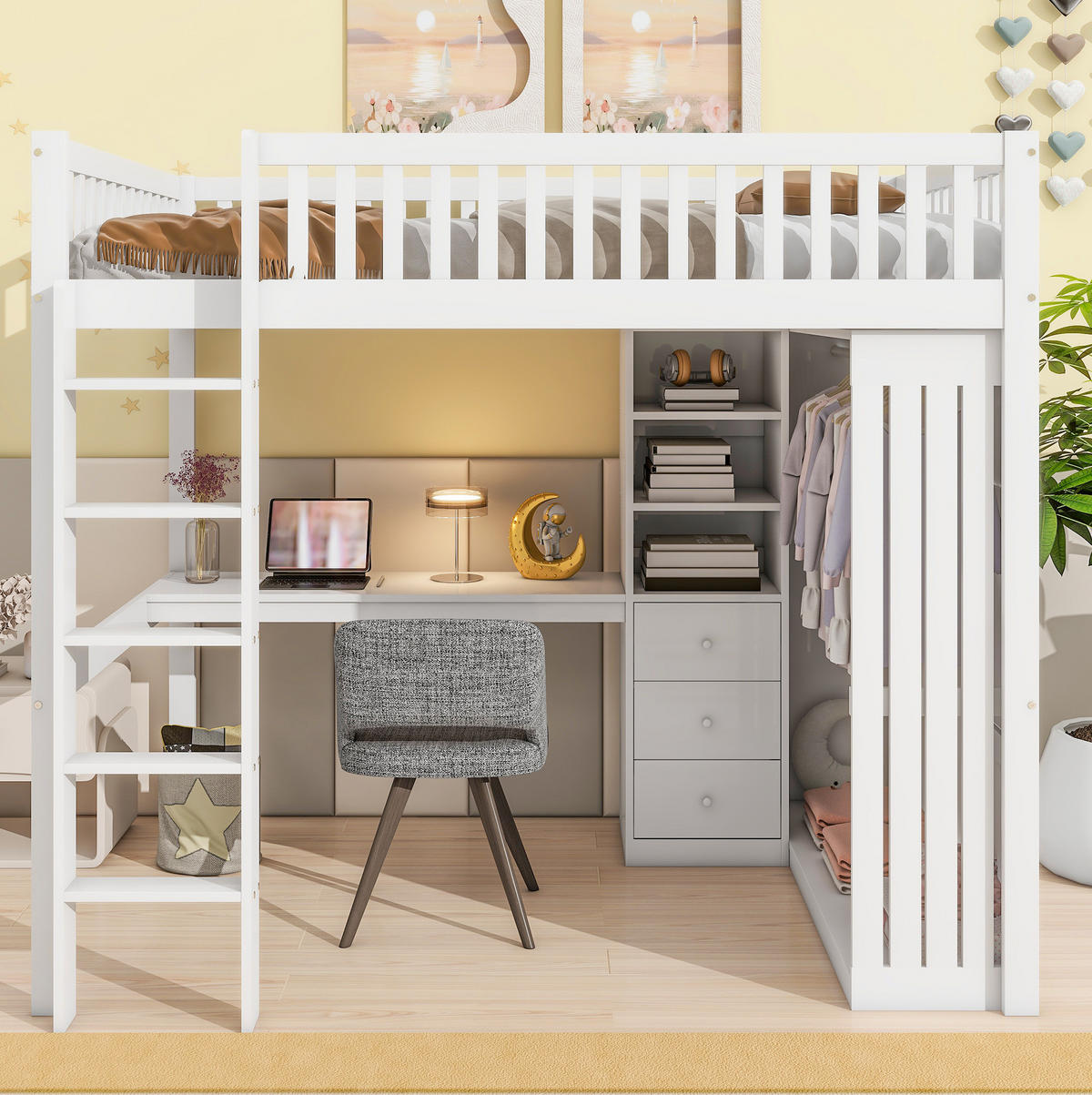 HOCHBETT aus Kiefer und MDF 140x200 cm Weiß mit Schreibtisch, Kleiderschrank, 3 Schubladen und Treppe - Weiß, Holzwerkstoff (90/190cm) - Modfu