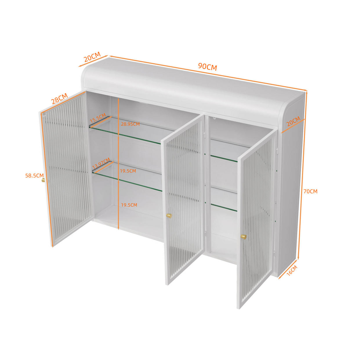 KÜCHENOBERSCHRANK 90/19.5/70 cm aus Glas Metall mit Glastüren, Weiß - Weiß, Glas (90/70/19.5cm) - Redom