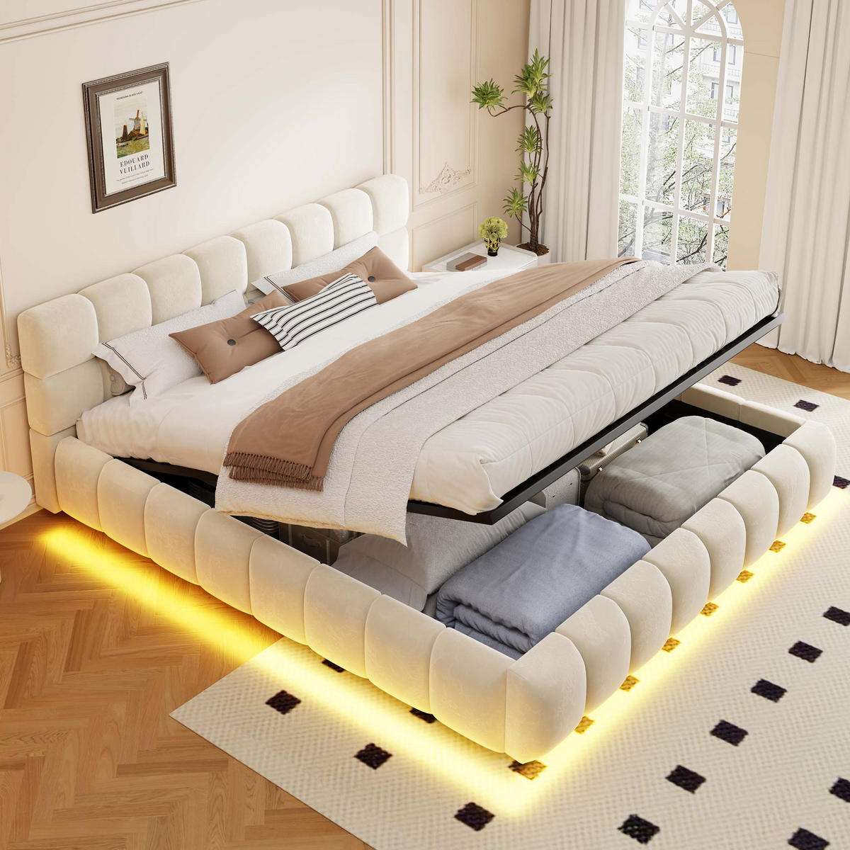 POLSTERBETT 160 x 200 cm mit LED und Stauraum, Beige - Beige, Textil (160/200cm) - FLIEKS