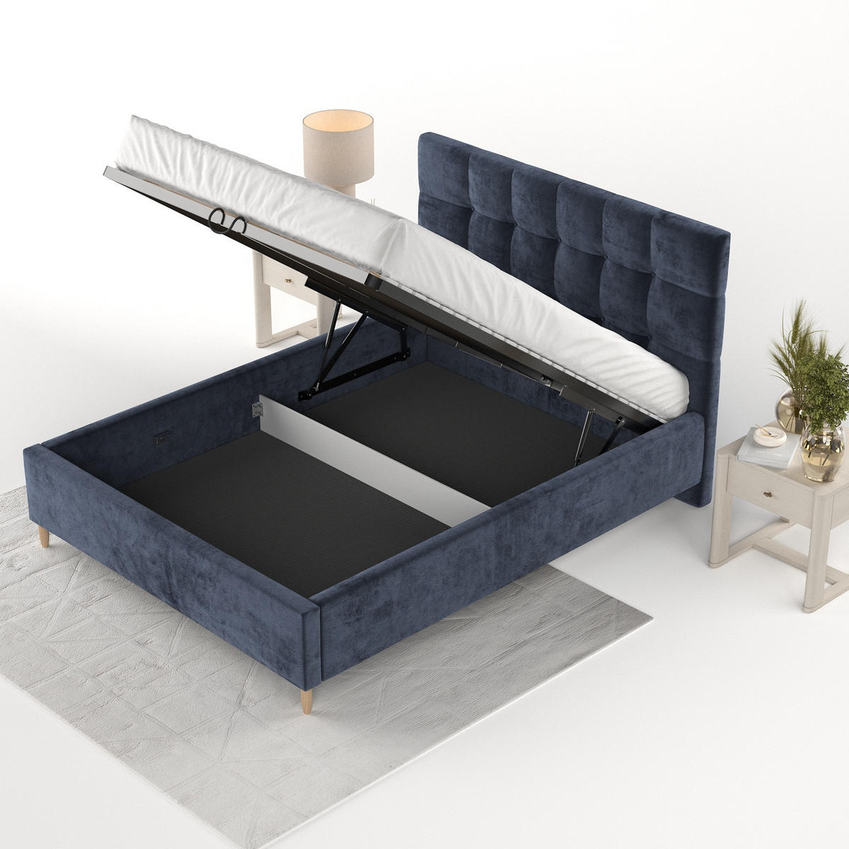 POLSTERBETT Cora 140/200 cm Marineblau im Lotta Stoff - Naturfarben/Dunkelblau, Holz/Holzwerkstoff (140/200cm) - AltaBeds