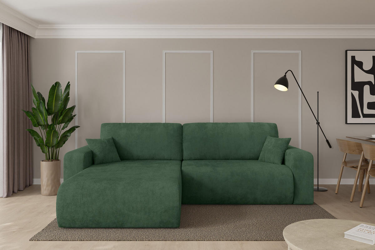 ROHOVÁ SEDAČKA s funkcí spaní, otoman vlevo BERY-L 276x193x88 zelená manšestr - černá/tmavě zelená, kompozitní dřevo/textil (276/193cm) - ALTDECOR