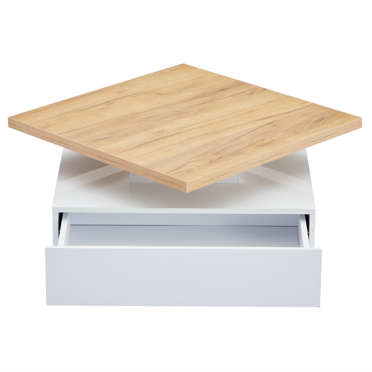 COUCHTISCH 70/70/36 cm drehbar mit Schublade in Weiß Hochglanz und Walnuss - Weiß, Holzwerkstoff (70/70/36cm) - Flora Grace