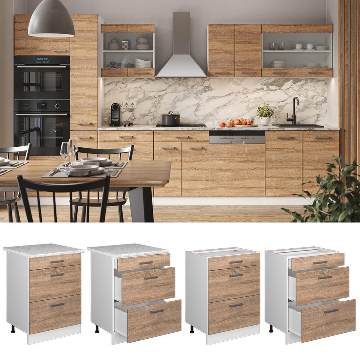 KÜCHENUNTERSCHRANK R-Line Sonoma 60 cm mit Schubladen, AP Anthrazit - Weiß/Sonoma Eiche, Holzwerkstoff (60/81.6/60cm) - Vicco