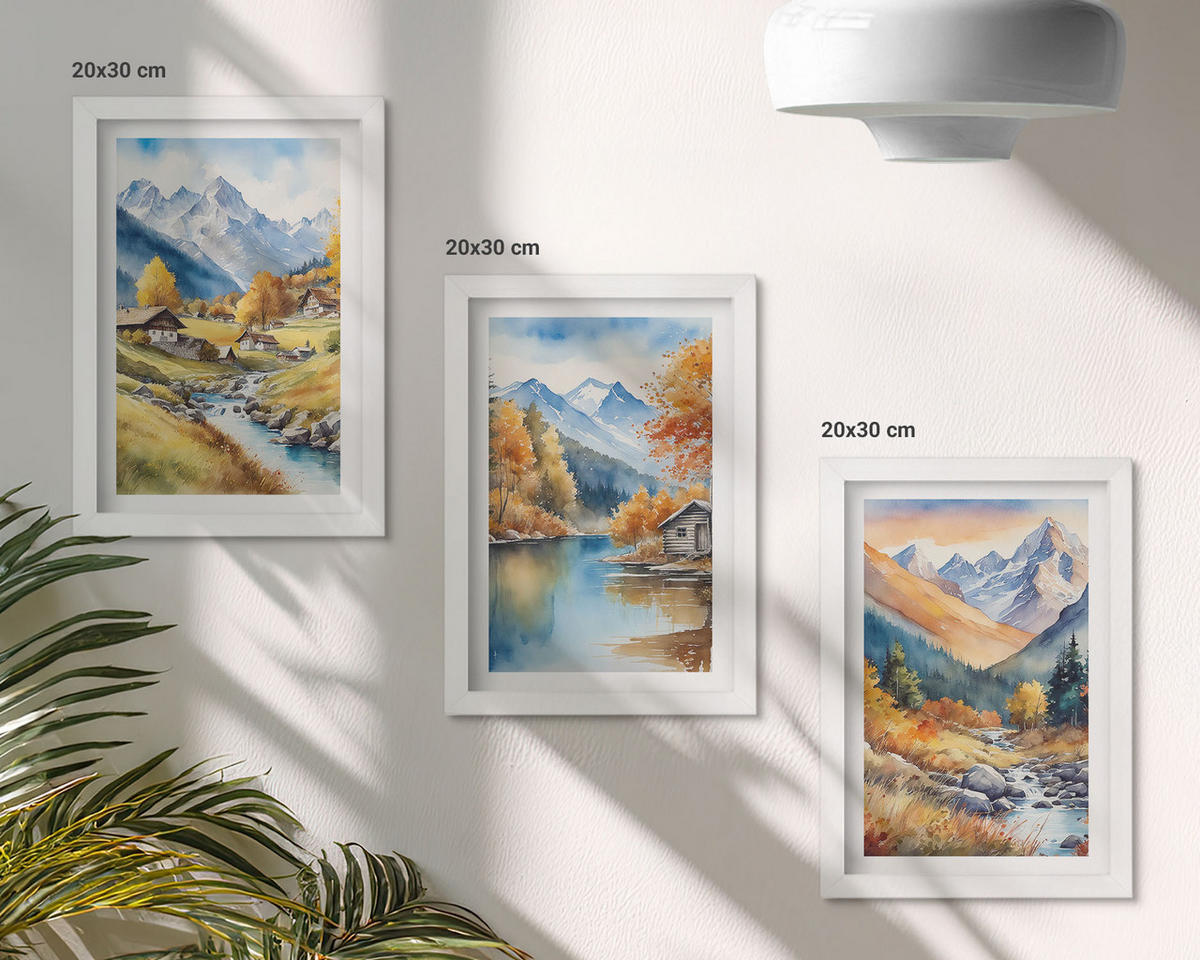 WANDBILDER 3er-Set - 20x30 cm Weißer Rahmen - Herbstliche Berge, Flusshäuser - Weiß, Kunststoff (20/30cm) - ArtPrintCave