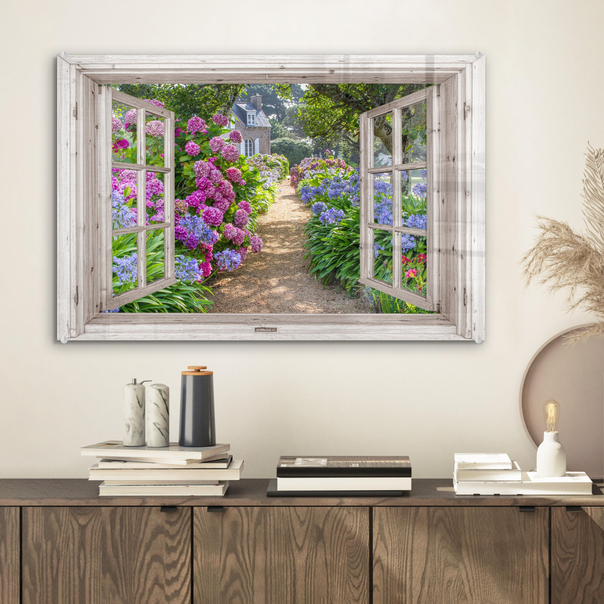 ACRYLGLASBILD Hortensie - Fensterblick - Blumen - Sommer - Lila - Weg 60x40 cm - Lila, Glas (60/40cm) - MuchoWow