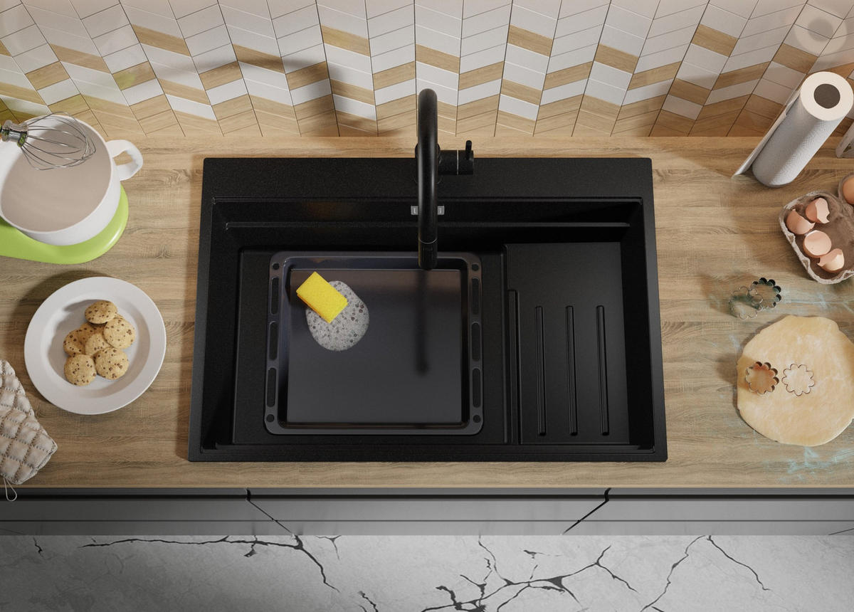 SPÜLBECKEN Oslo Max, 2-er set Alles Schwarz 78/53 cm 1 Becken + Ablauf-Set + Küchenzubehörset ab 80er Unterschrank - Schwarz, Kunststoff (78/20/53cm) - Primagran