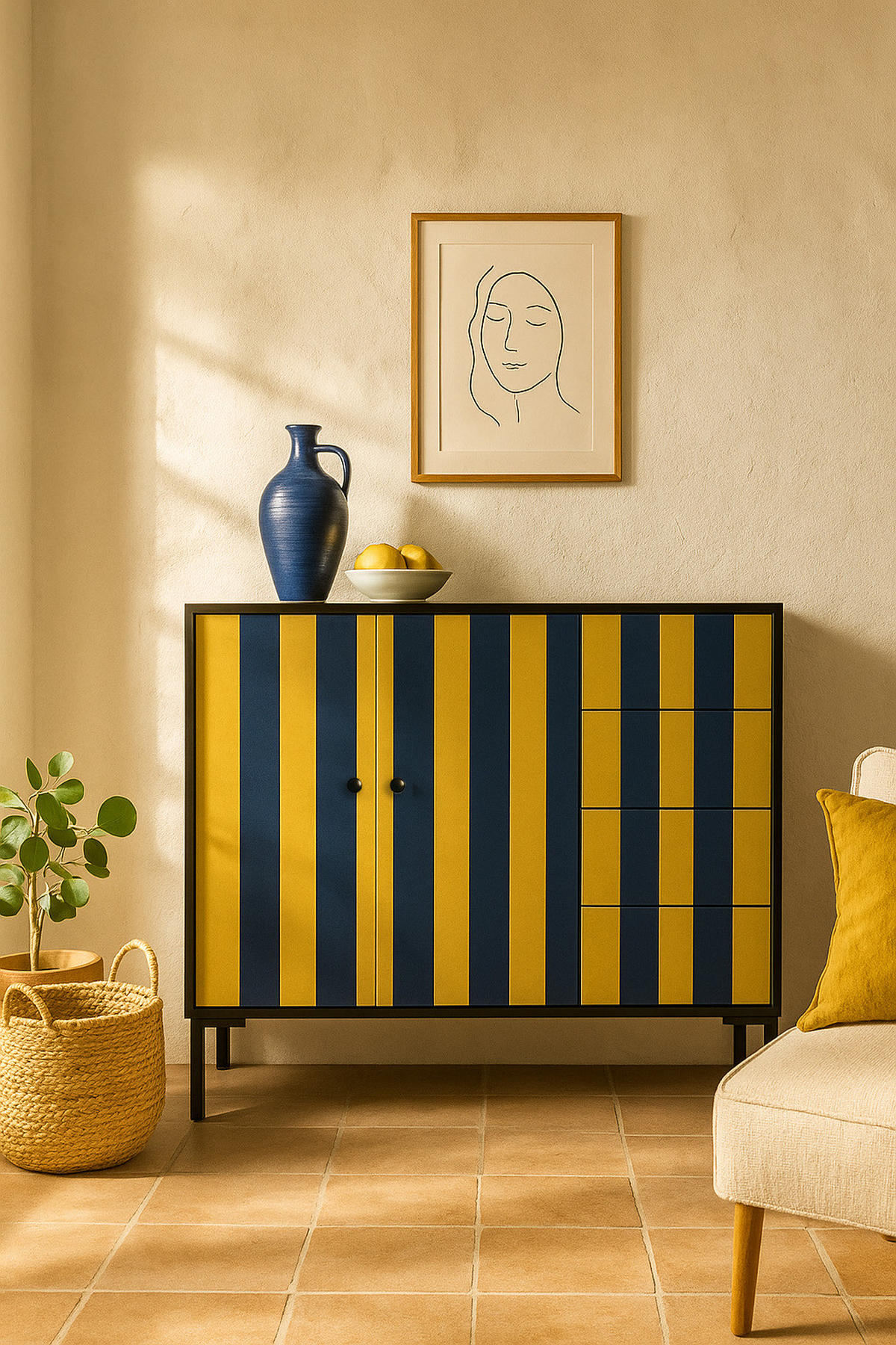 KOMMODE mit 2 Türen und 4 Schubladen aus MDF mit Walddruck WILMA - Gelb, Holzwerkstoff (45/84/113cm) - RNT By Really Nice Things