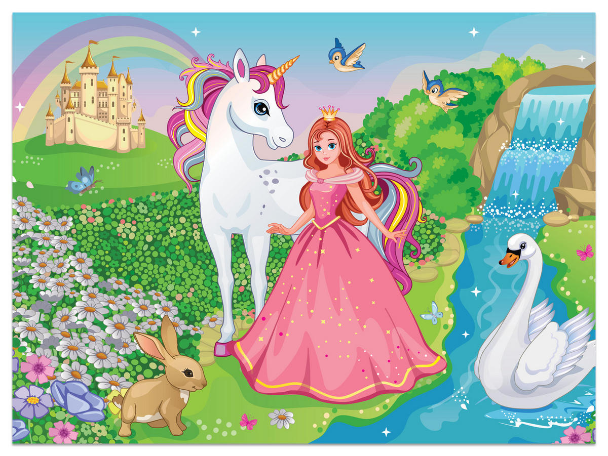 FOTOTAPETE für Kinderzimmer Prinzessin Einhorn Schloss Wasserfall Blumen 350x256 - Blau/Gelb, Papier (350/256cm) - Muralo