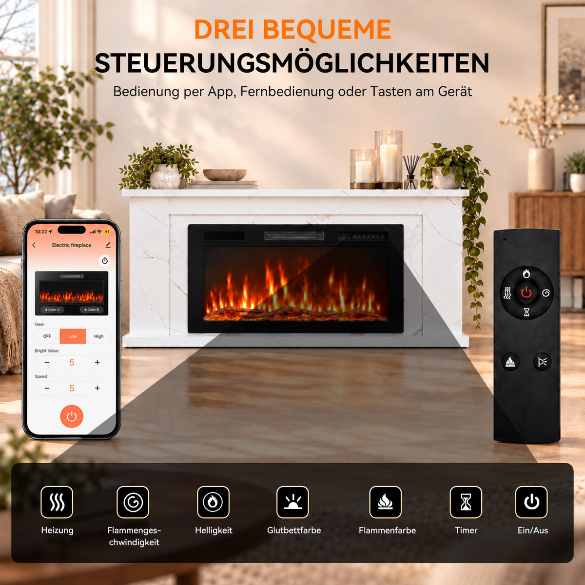ELEKTROKAMIN mit Schrank, , 36 Zoll, 1000/2000 W Heizleistung, Steuerung über App - Weiß, Holzwerkstoff (27.5/66/152cm)