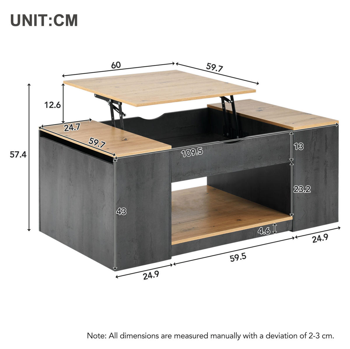 KONFERENČNÍ stolek z MDF 109,5x43x59,7 cm šedý/hnědý s výškovým nastavením a úložným prostorem - šedá, kompozitní dřevo (109.5/59.7/57.4cm) - Modfu