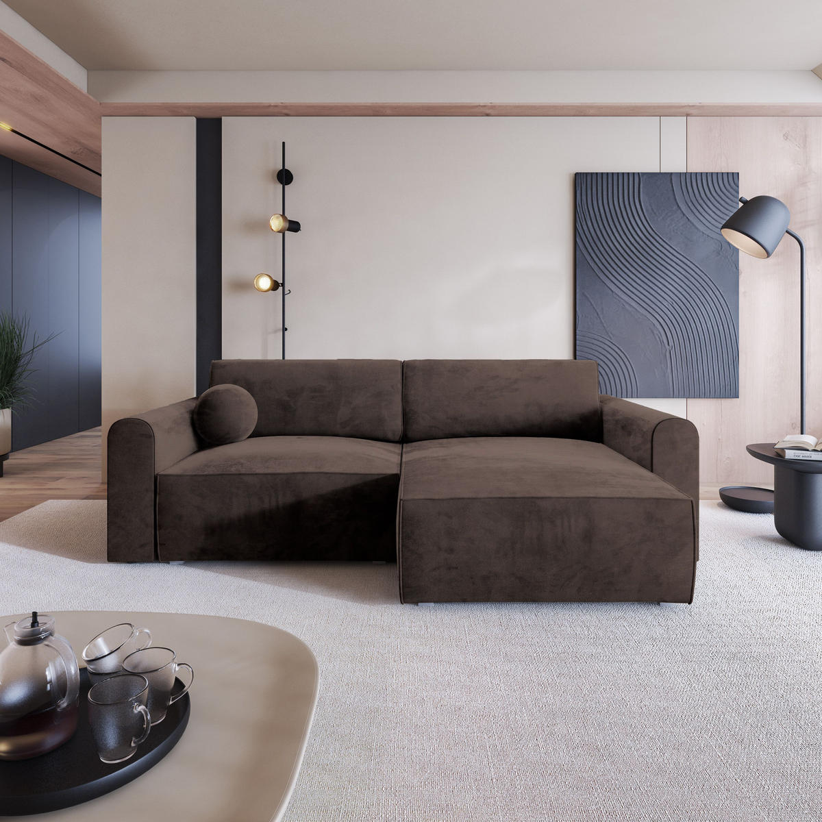 ECKSOFA FIANO M Braun Velours-Stoff mit Schlaffunktion - Braun/Grau, Holz/Kunststoff (245/148cm) - MASSENO