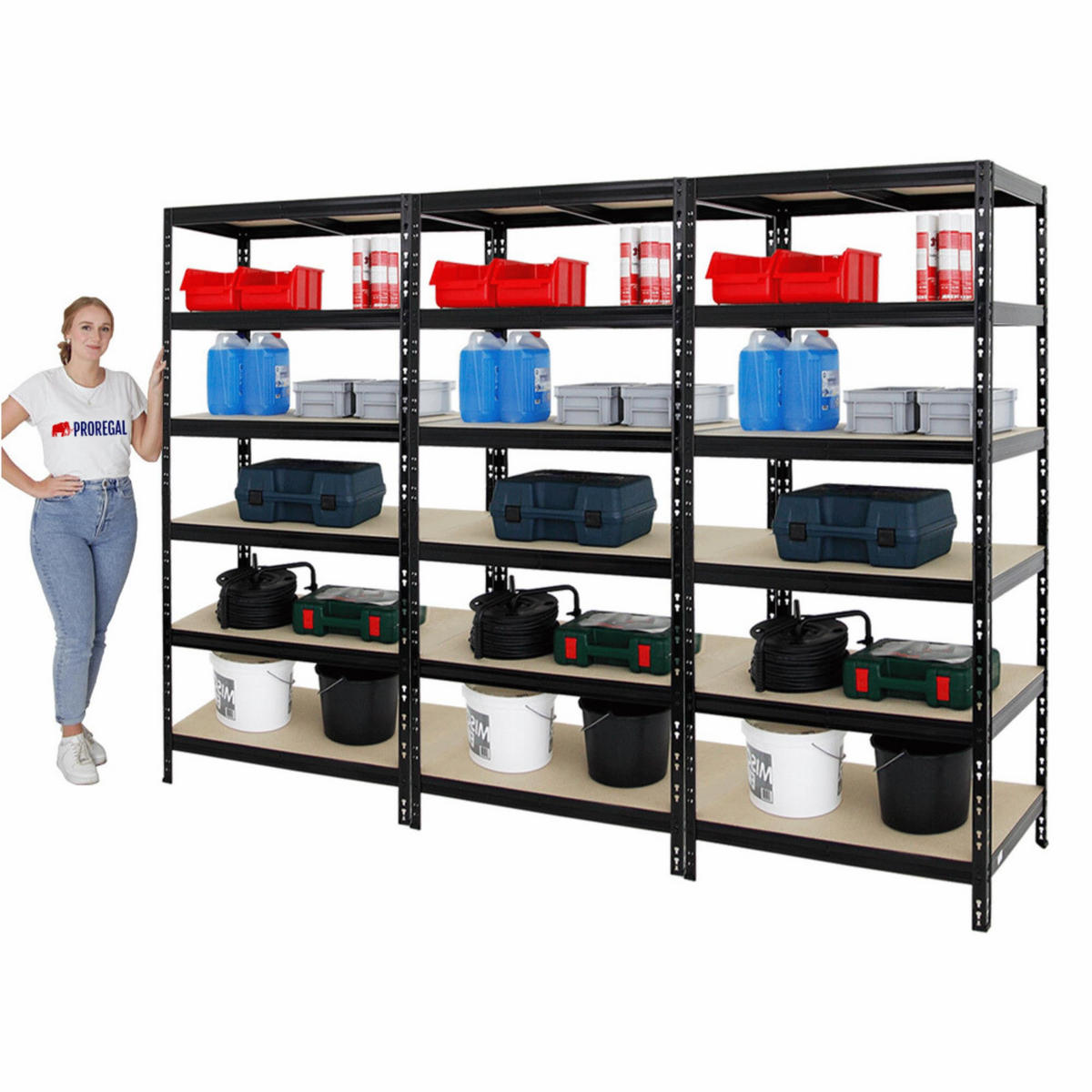 SCHWERLASTREGAL Giant Tiger 3er-Set mit 3x 200x90x60 cm Fachlast 265 kg 6-Ebenen Schwarz - Schwarz, Metall (270/200/60cm) - PROREGAL