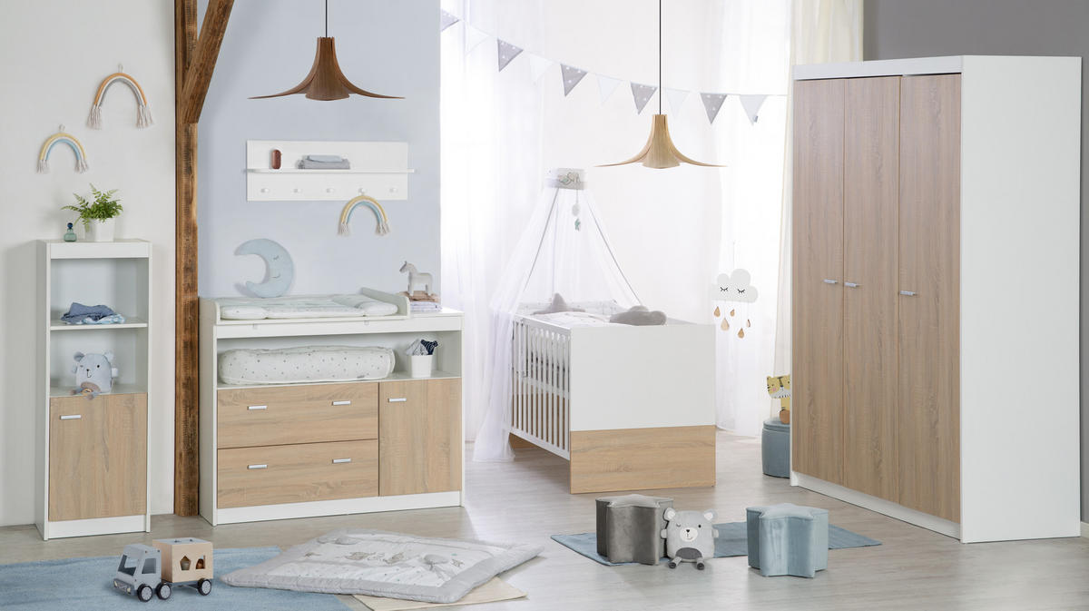 BABYZIMMER-SET Gabriella mit breiter Wickelkommode, 3-teilig - Multicolor, Holzwerkstoff (76/80/142cm) - Roba