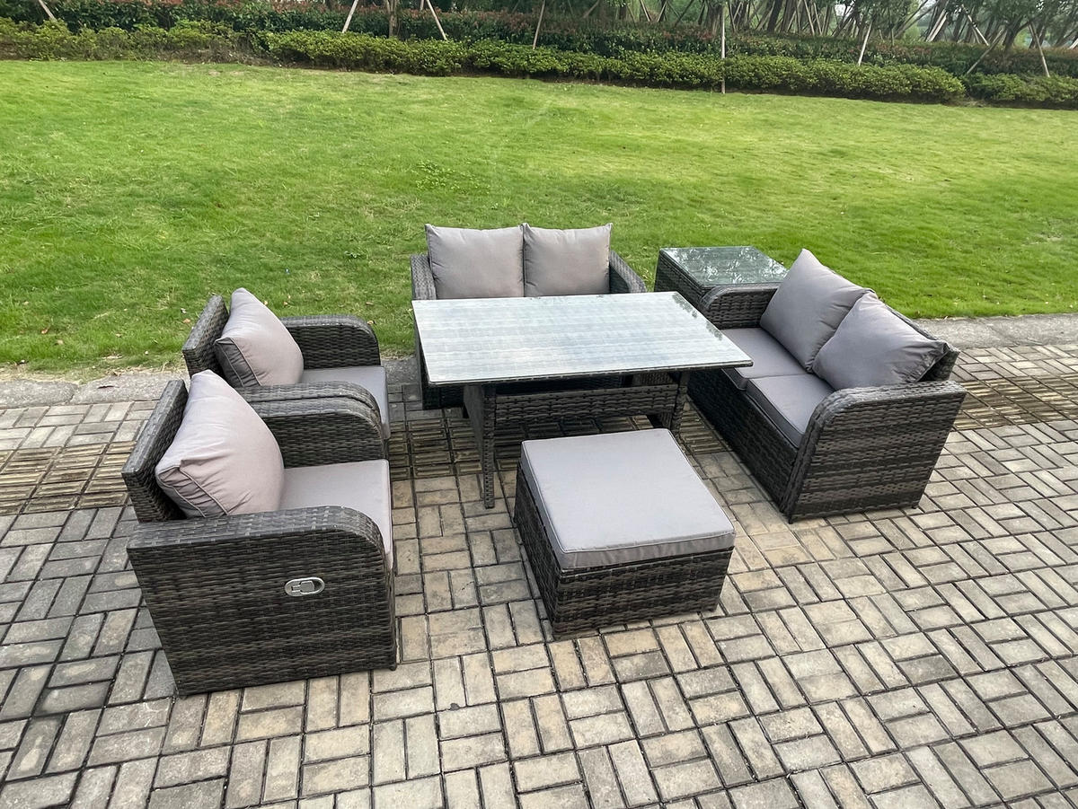GARTENSET mit Zweisitzer,Hocker,Esstisch,Beistelltisch Polyrattan 7-Sitzer - Dunkelgrau/Grau, Glas/Kunststoff - Fimous