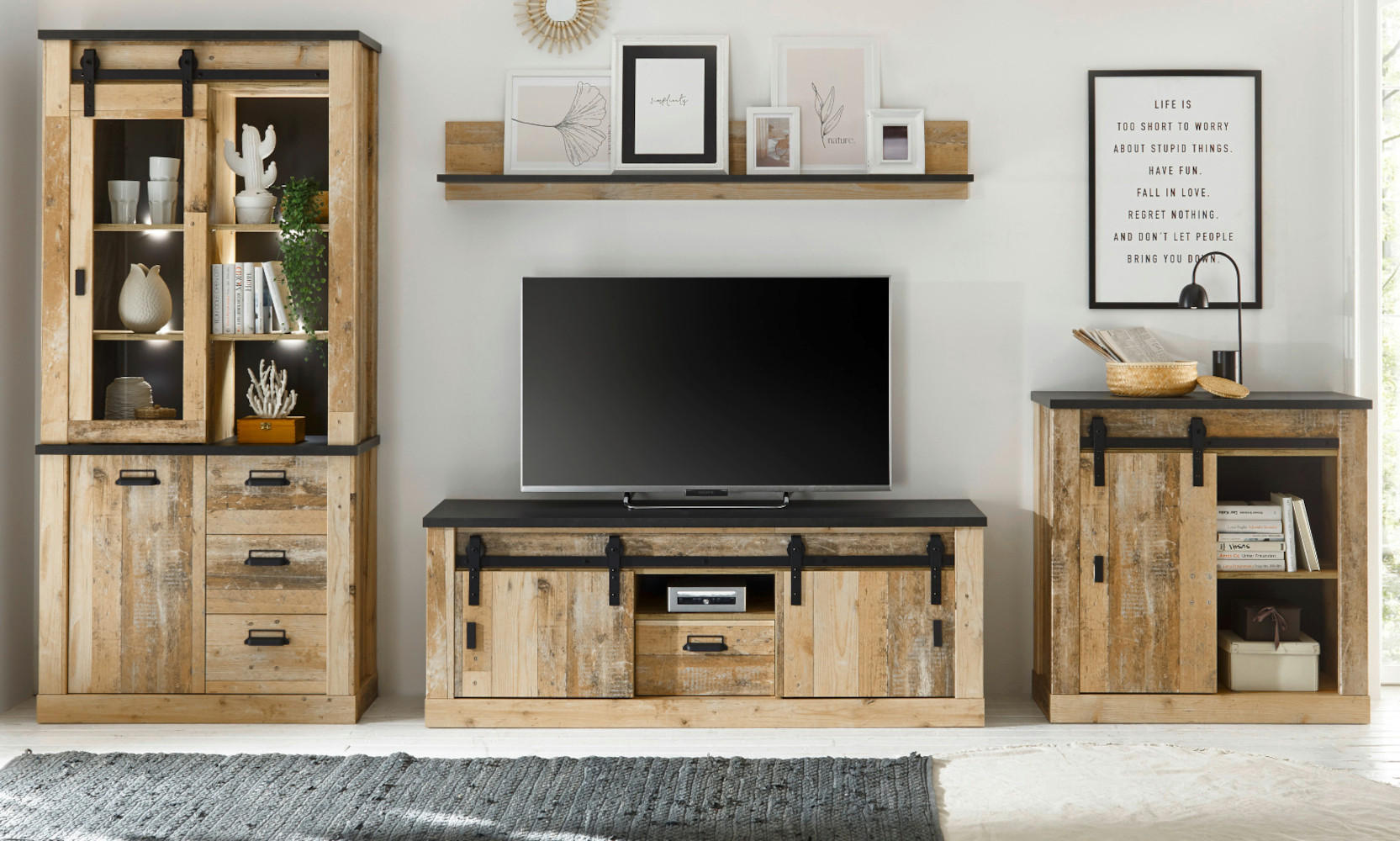WOHNWAND Used Wood hell, anthrazit 4-teilig 388 cm, Wohnkombination, viel Stauraum - Anthrazit/Schwarz, Holzwerkstoff/Metall (388/201/43cm) - Furn.Design
