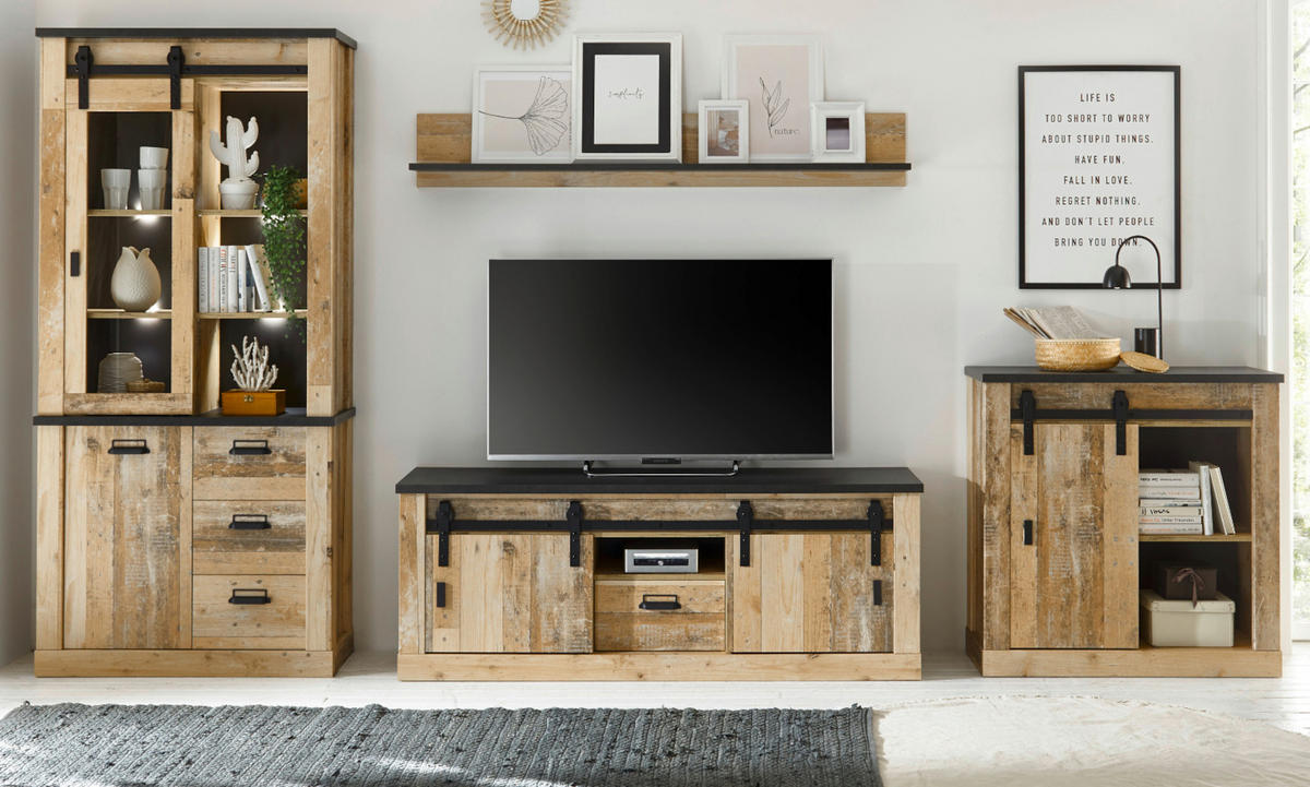 WOHNWAND Used Wood hell, anthrazit 4-teilig 388 cm, Wohnkombination, viel Stauraum - Anthrazit/Schwarz, Holzwerkstoff/Metall (388/201/43cm) - Furn.Design