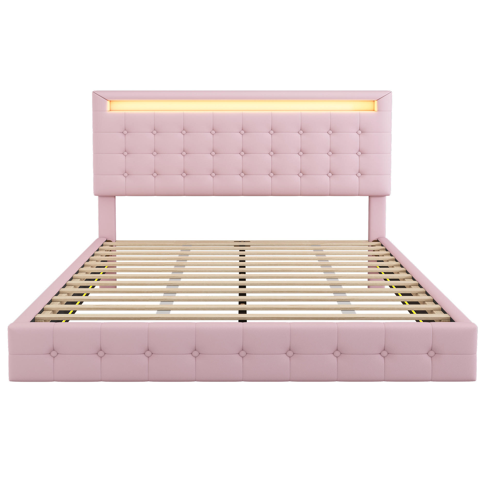 PLATTFORMBETT 140/200 cm Rosa, mit LED-Licht, Federung und verstellbarem Kopfteil - Pink, Kunststoff
