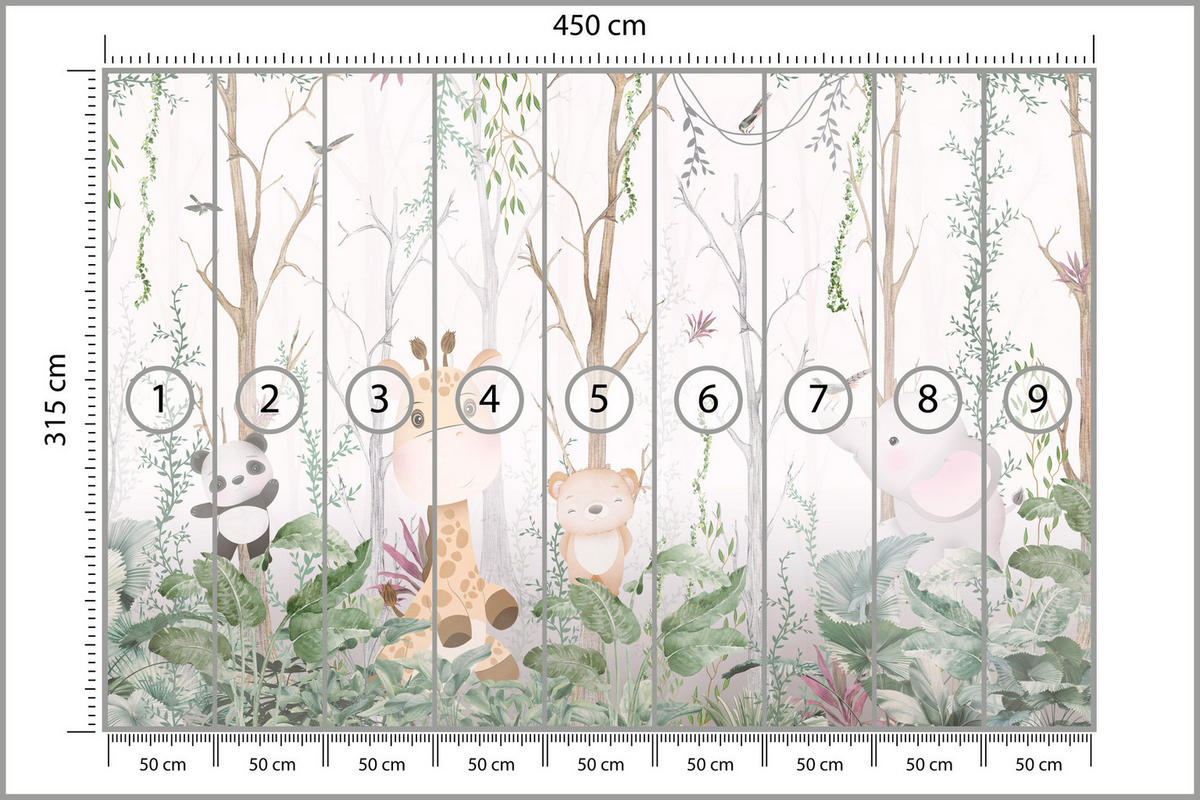 FOTOTAPETE für Kinderzimmer Märchenhafte Tiere Wald Bäume Pflanzen 450x315 - Beige/Rosa, Papier (450/315cm) - Muralo