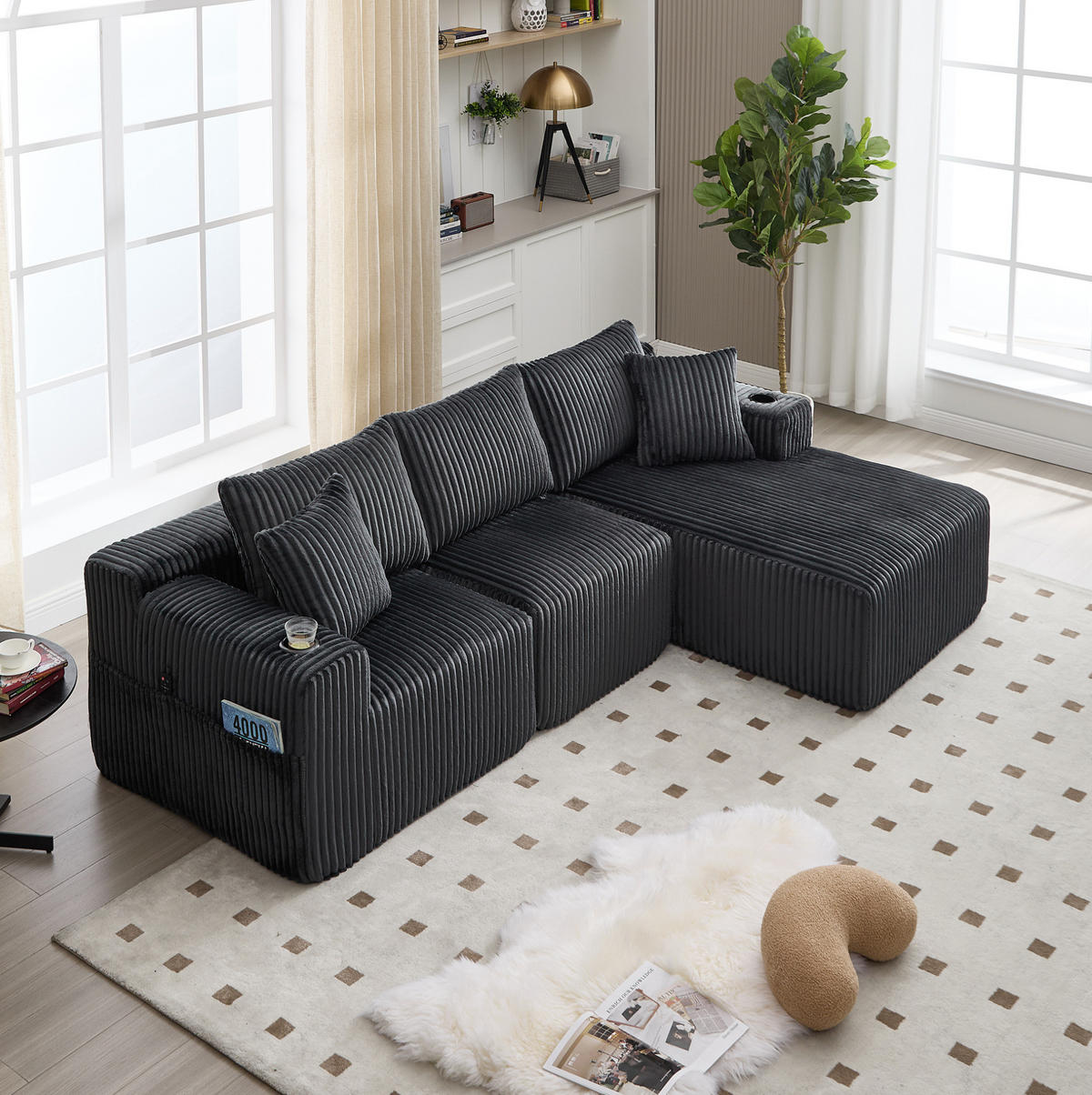 MODULARES Sofa Cord Chaiselongue und 2-Sitzer mit Kissen Taschen und Getränkehaltern 257/90 160/62 cm Grau - Grau, Textil (160/257cm) - Redom