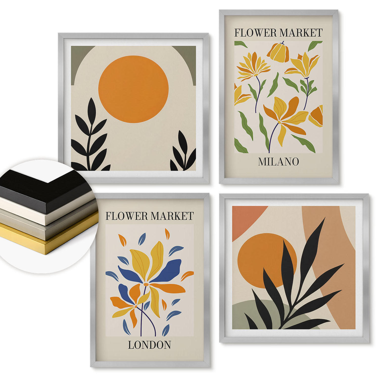 WANDBILDER 4er Set - 50x50 cm & 40x60 cm Silberner Rahmen - Blumenposter Paris Mailand - Silberfarben, Kunststoff (50/50cm) - ArtPrintCave