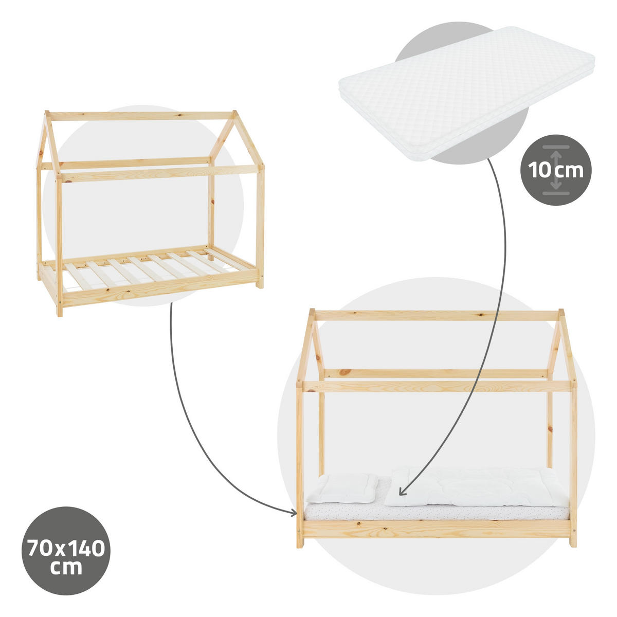 KINDERBETT mit Dach und Matratze 70x140 cm Natur - Naturfarben, Holz (70/140cm) - ML-DESIGN